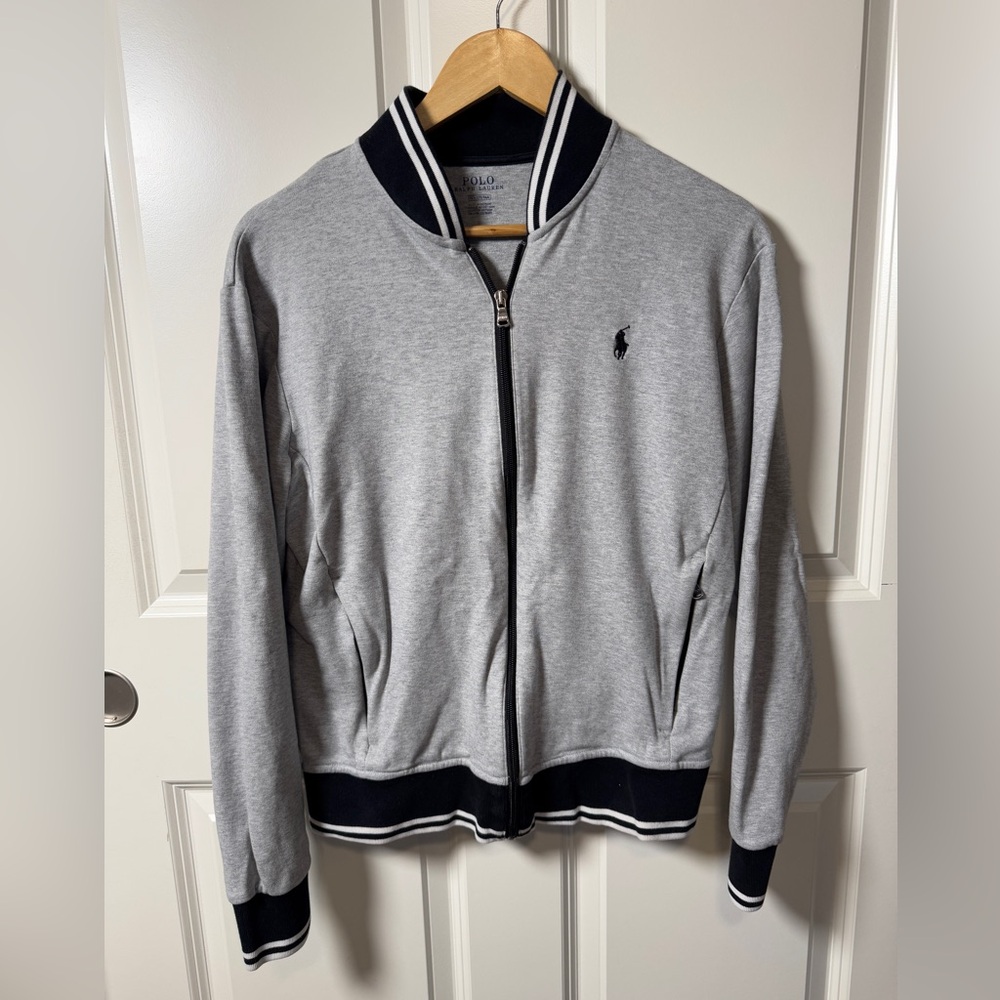 Men's Polo Full Zip Gray Poly Blend Jacket Size Medium Varsity Style